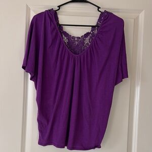 Express Size Medium Purple Flutter Sleeve Tee with Flower Design Cut Out on back
